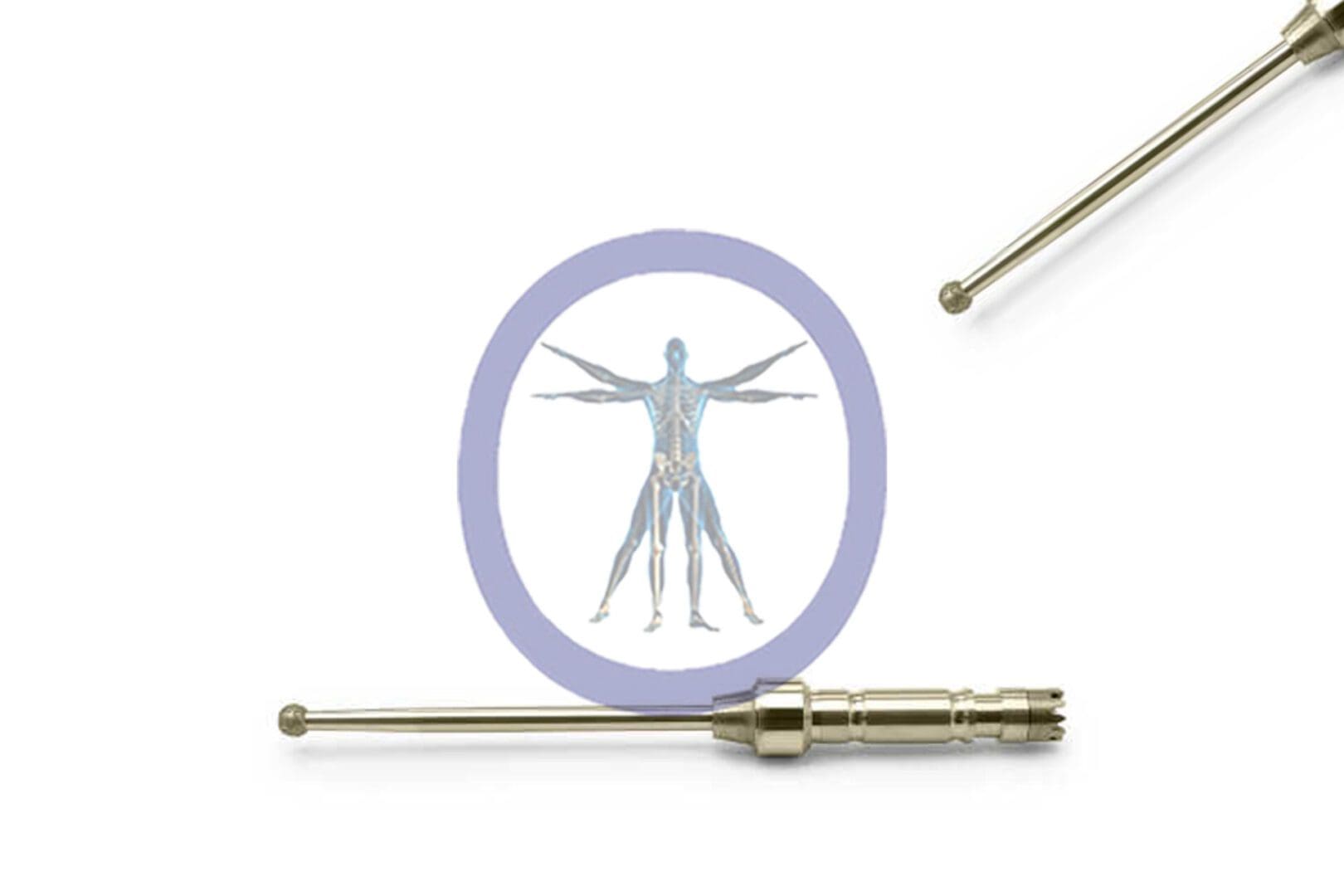 Medical tuning fork next to a Round Bur 5.0 MM Diamond Osteon illustrating a human body with an emphasis on the skeletal system, on a white background.