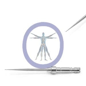 Round Bur 0.7 MM Diamond Osteon pointing towards a graphic of a human body with highlighted areas, against a white background.