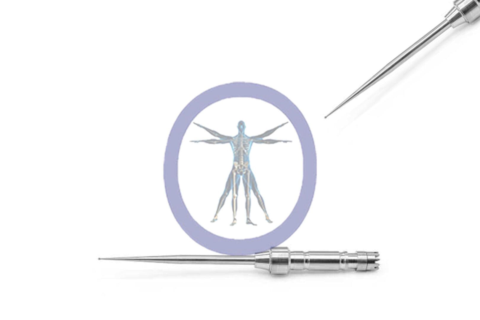 Round Bur 0.5 MM Diamond Osteon aimed at a graphic of a human circulatory system within a circular frame on a white background.