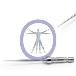 A Round Bur 0.7 MM 4 Flute Stainless Steel Osteon focusing on a graphic of a human circulatory system with syringes positioned on either side, against a white background.