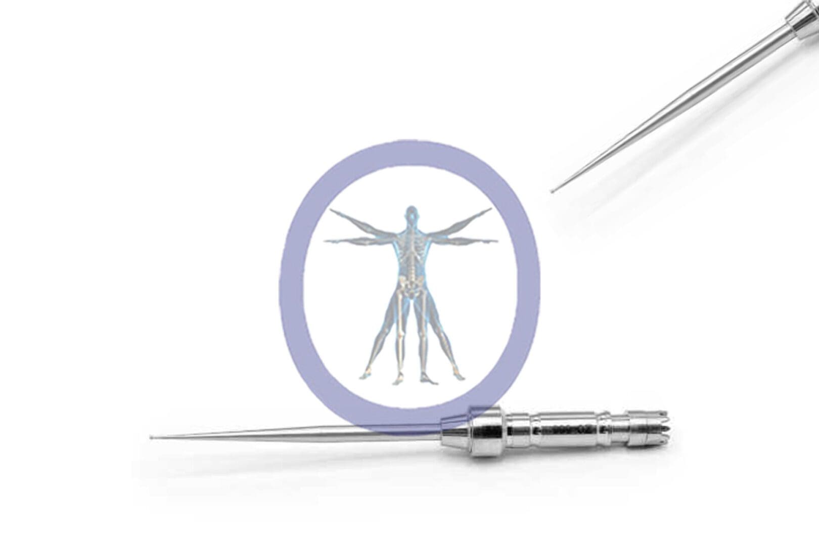 Magnifying glass focusing on a human anatomy illustration, accompanied by a Round Bur 0.5 MM 4 Flute Stainless Steel Osteon on a white background.