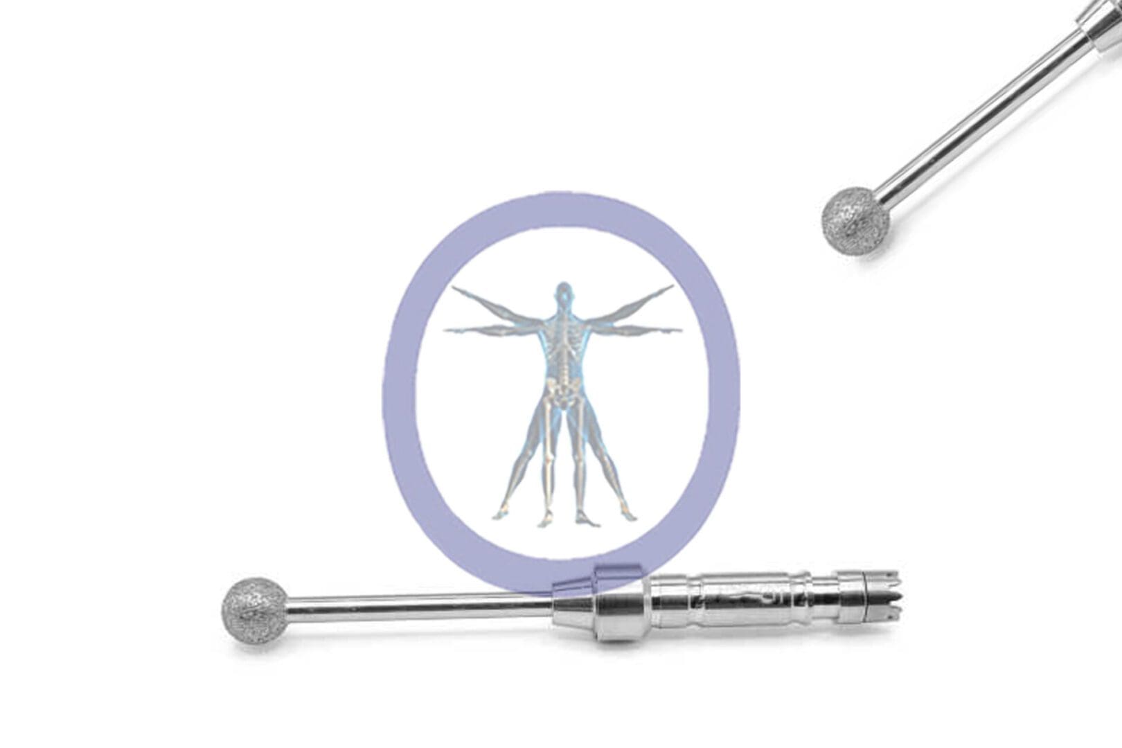 Two Round Bur 6.0 MM Diamond Osteons with circular tips, framing an illustrated human figure with highlighted skin structure, against a white background.