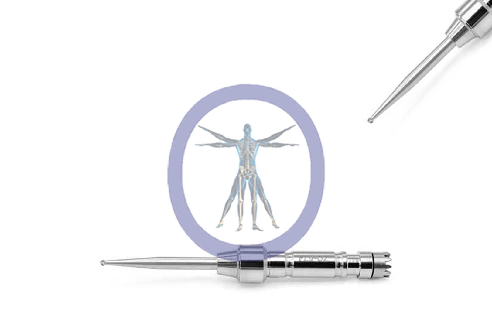 Graphic depicting a human body within a circle, accompanied by two Round Bur 1.0 MM 6 Flute Stainless Steel Osteons on either side, against a plain white background.
