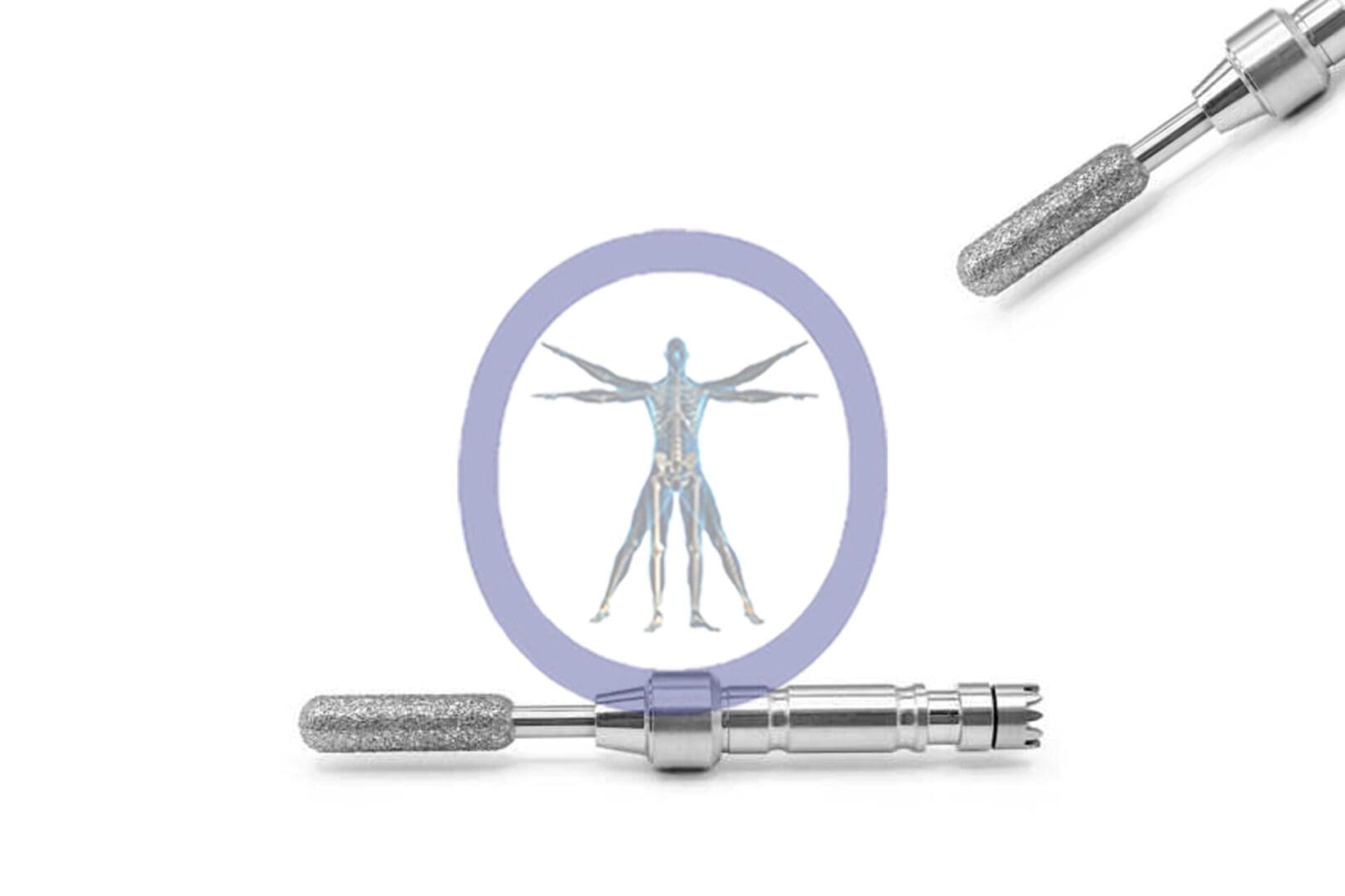 A graphic of a human body mapped with mechanical parts, viewed through a magnifying glass, flanked by two Dermabrader 7.0 MM Diamond Osteons on a plain background.
