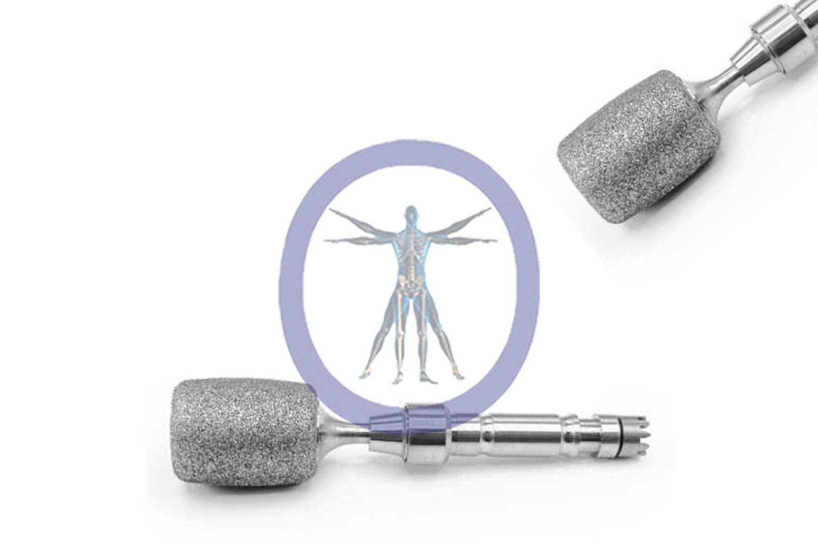 Medical illustration of a human skeleton within a circle, flanked by two Dermabrader 12.0 MM Diamond Osteons, on a white background.