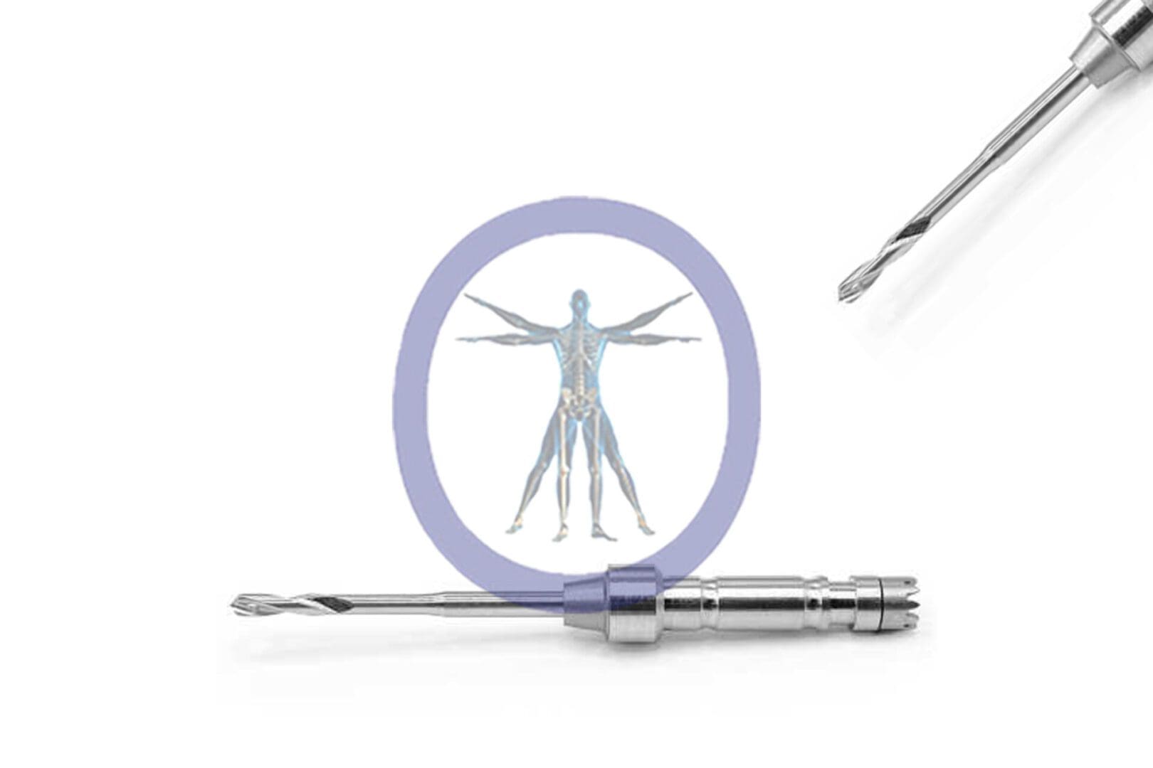 A vitruvian man illustration inside a Wire pass 1.0 MM 2 Flute Stainless Steel Osteon, with a precision screwdriver positioned to its right, all against a plain white background.