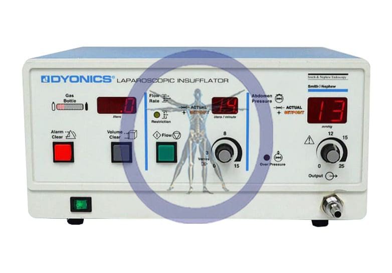 Smith & Nephew-7205362 15 Liter Laparoscopic Insufflator displaying gas bottle level, flow rate, and pressure readings on digital screens.