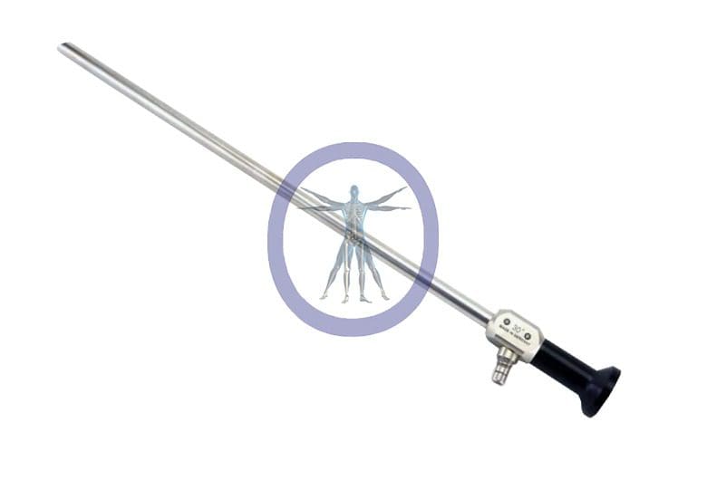 A Smith&Nephew-7207945 10.0 mm 30° Autoclavable Laparoscope with a long, thin metal probe and a digital display, featuring a symbolic human figure within a prohibitive (no entry) sign.