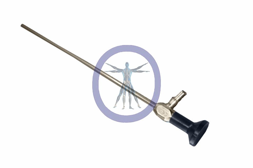 Smith&Nephew-7207951 5.5 mm 0º Autoclavable Laparoscope with a long, thin metal rod and a blue handle, superimposed on a faded graphic of a human body with highlighted areas.