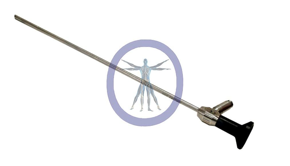 An image of a Smith&Nephew-7207952 5.5mm 30° Autoclavable Laparoscope with a neurological testing symbol in the background.
