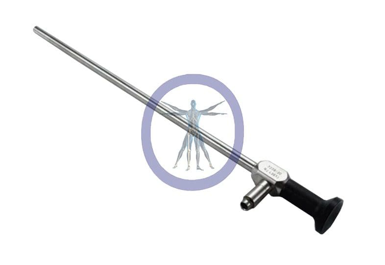 A Smith&Nephew-7208130 10.0 mm 0º Autoclavable Laparoscope with a black handle, featuring a medical caduceus symbol in the background, isolated on a white background.