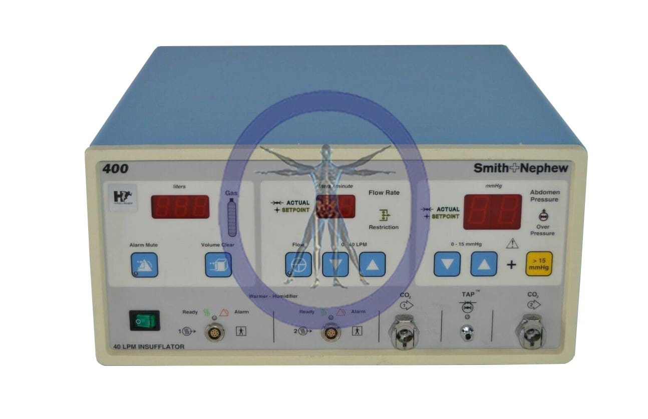 Front view of a Smith & Nephew 7209931 40L Insufflator medical device displaying various control knobs, digital screens, and status indicators.