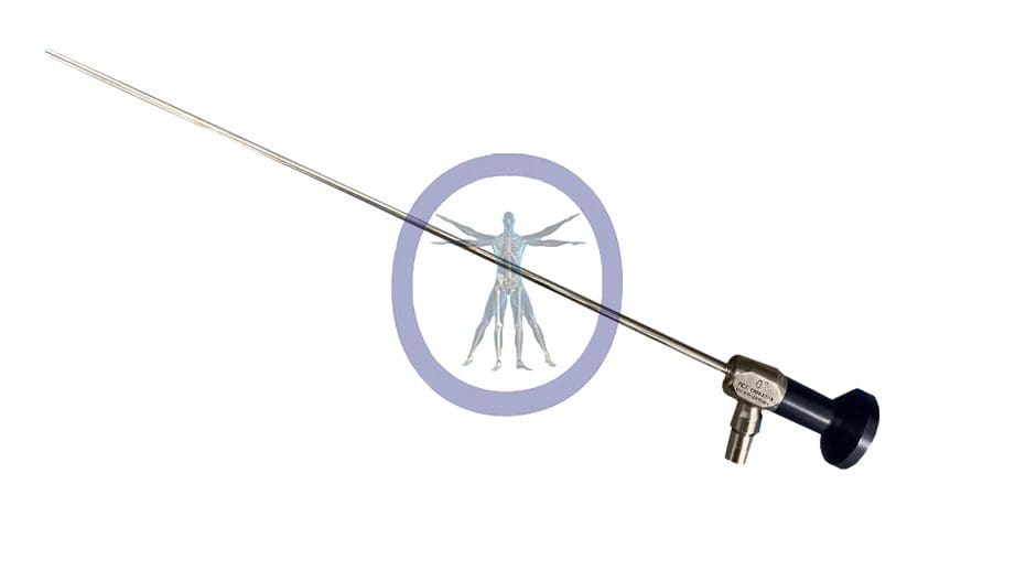 Fencing foil Smith&Nephew-72202110 5.0 mm 0° Autoclavable Laparoscope with a blue grip and a circular emblem featuring a silhouette of a fencer in the middle on a white background.