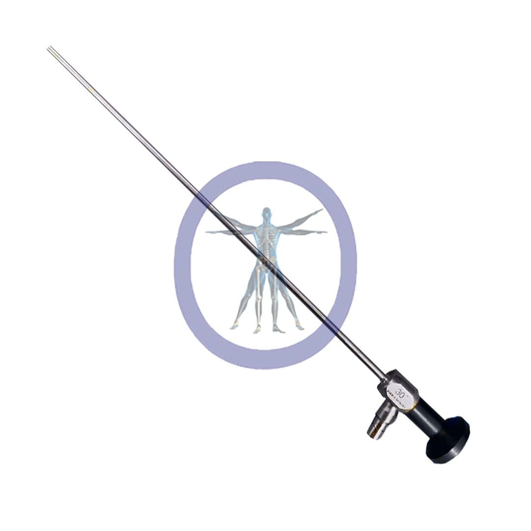 A Smith&Nephew-72202111 5.0 mm 30 Degree Autoclavable Laparoscope with a circular emblem featuring a minimalist human figure in a vitruvian pose overlaying on it.