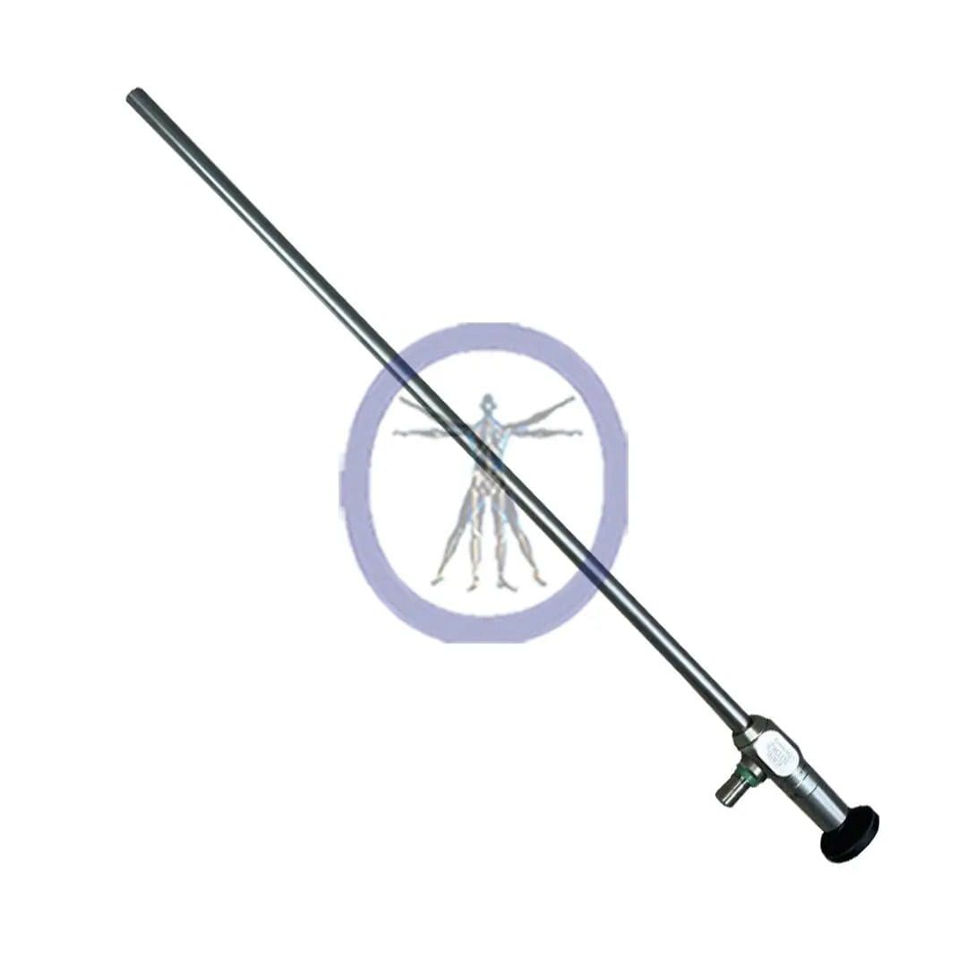 Storz-26003AE 10.0 mm Variable DOV 0-120° EndoCAMeleon Hopkins Laparoscope with a reel, extended diagonally across a light background featuring a faint circle with a fish skeleton icon.