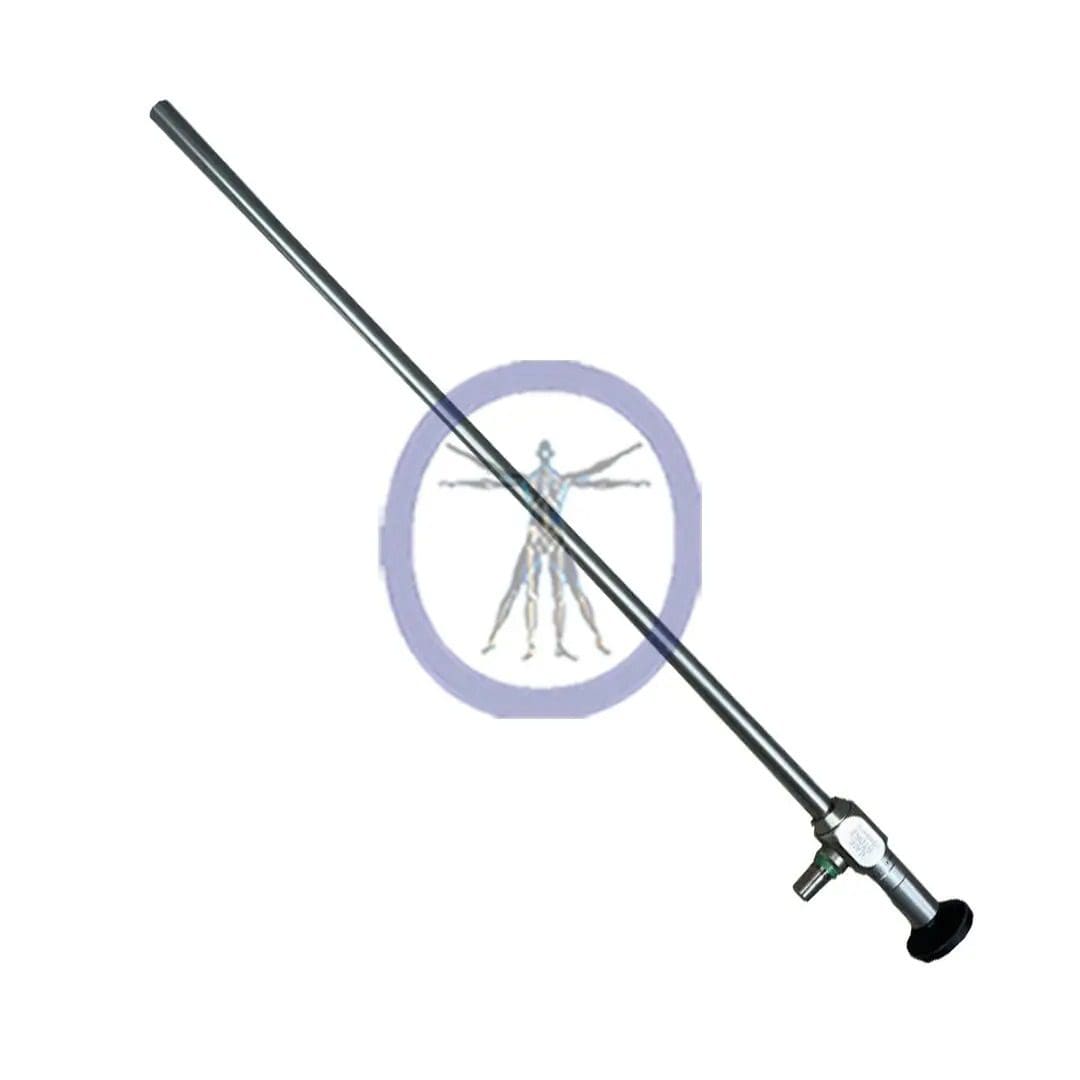 A Storz-26003AEA 10.0 mm 0º HOPKINS® II Autoclavable Telescope, 42 cm with a round rubber foot and adjustable clamping mechanism, used for neurological exams, isolated on a white background.
