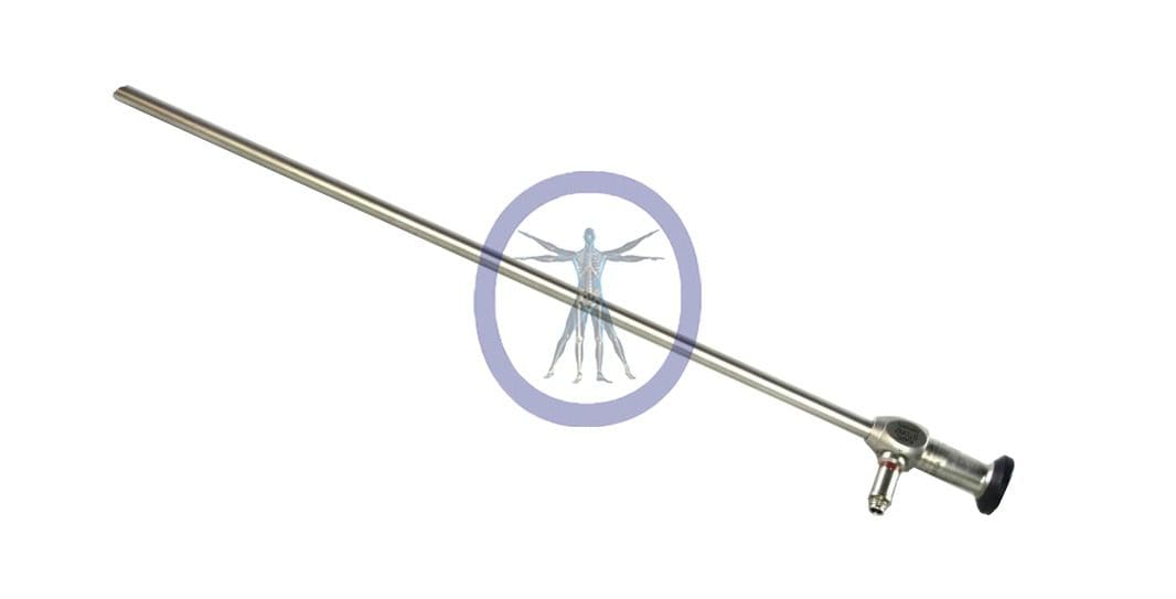 Sentence with product name: A Storz-26003BEA 10.0 mm 30º Hopkins II Autoclavable with a slender, metallic probe and a handle, featuring a mosquito graphic within a purple circle on a white background.