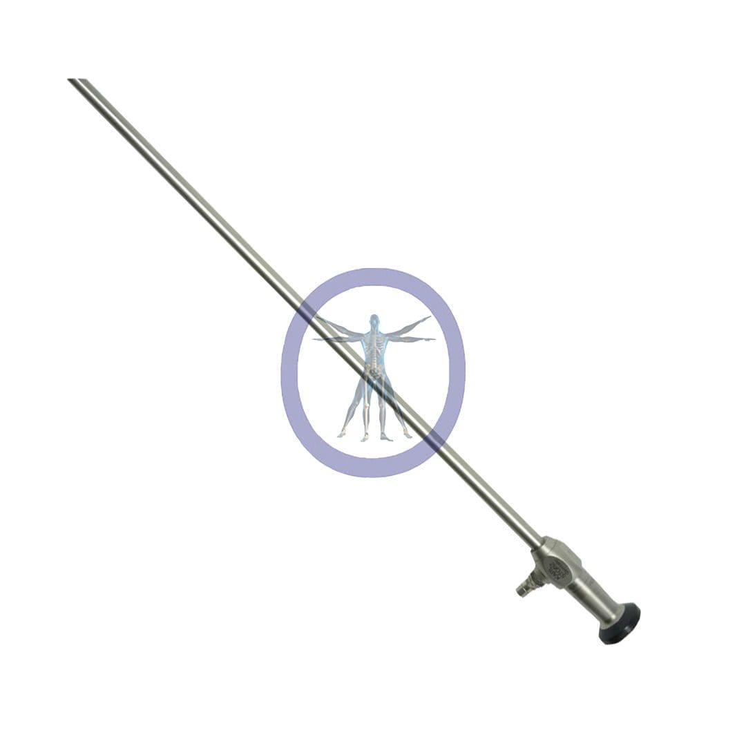 A Storz-26003FEA 10.0 mm 45º Hopkins Autoclavable Laparoscope with a prohibition symbol over a human figure, isolated on a white background.