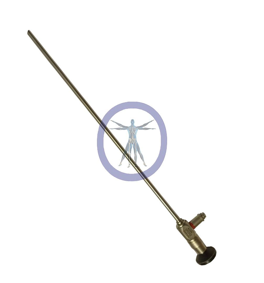 A Storz-26031BA 6.5 mm 30º Hopkins Autoclavable Laparoscope with a long, thin needle, featuring a faint graphic of a mosquito within a prohibition sign overlaid on it.
