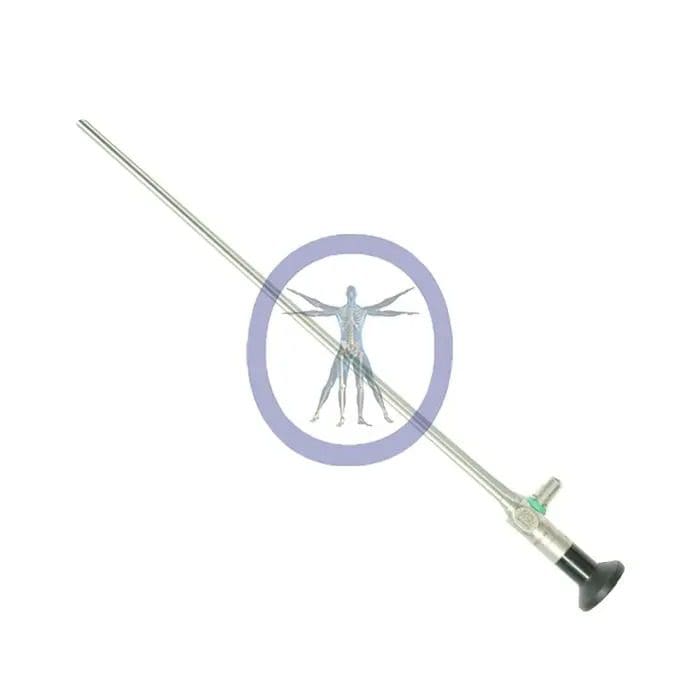 A Storz-26046AA 5.0 mm 0º Hopkins II Laparoscope with its needle piercing through a mosquito depicted inside a blue circle, symbolizing mosquito-borne disease prevention or treatment.