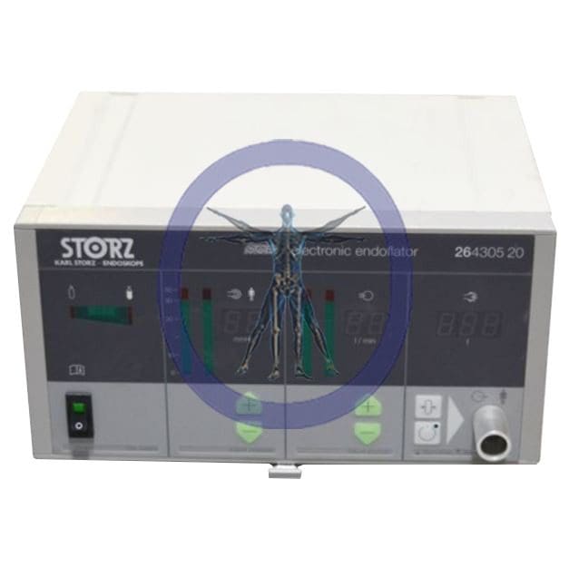 KarlStorz 26430520 SCB 20 Liter Endoflator electronic medical device with buttons and digital screen, displaying numerical values, encircled by a purple graphic overlay with a human figure illustration.