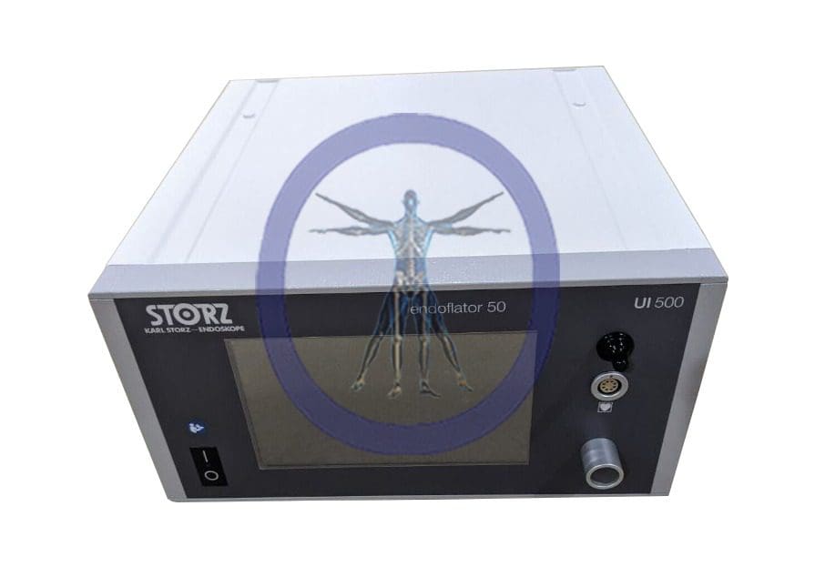 KarlStorz UI500 50 Liter Endoflator medical device with a digital display showing a human skeleton, housed in a black and white casing.