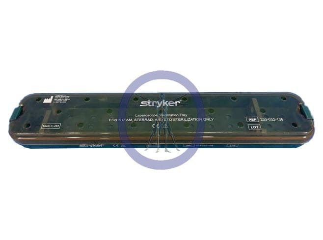 Green Stryker-233-032-108 laparoscopic sterilization tray for steam sterilization, labeled with product details and logos, set against a plain background.