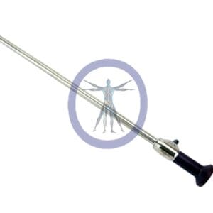 A Stryker-502-103-010 10 mm x 33 cm, Precision Ideal Eyes HD Autoclavable Laparoscope, 0° with an extended needle, featuring a graphic of a human figure with arms outstretched within a purple circle on the barrel.