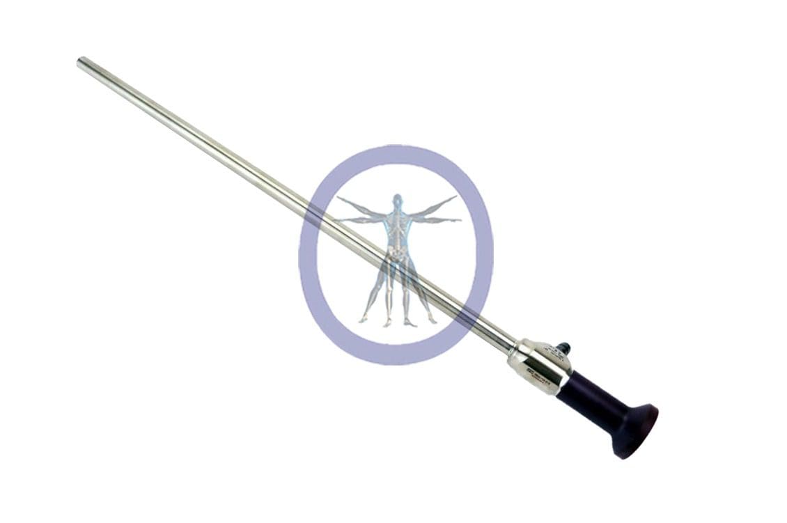 A Stryker-502-103-010 10 mm x 33 cm, Precision Ideal Eyes HD Autoclavable Laparoscope, 0° with an extended needle, featuring a graphic of a human figure with arms outstretched within a purple circle on the barrel.