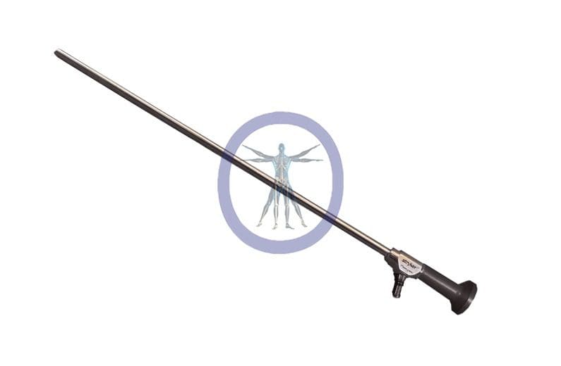 A Stryker-502-103-030 10 mm x 33 cm, Precision Ideal Eyes HD Autoclavable Laparoscope, 30° isolated on a white background with a blue and white target graphic featuring a mosquito at its center.