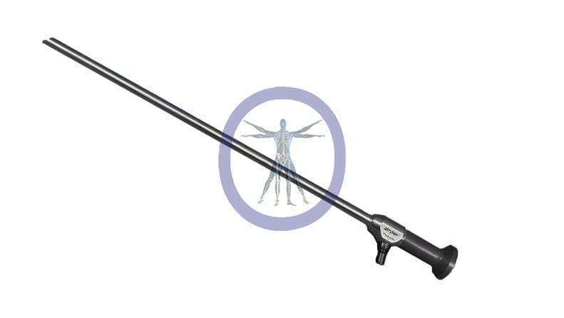 Black Stryker-502-103-045 10 mm x 33 cm, Precision Ideal Eyes HD Autoclavable Laparoscope with a long barrel and scope, displayed horizontally, featuring a circular logo with a deer illustration in the background.
