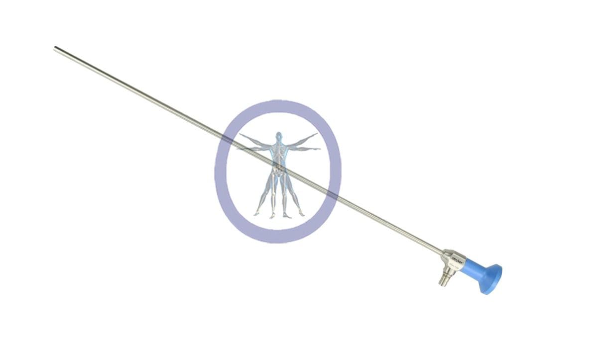 Fencing epee with a Stryker-502-205-010 5 mm, 0° Ideal Eyes Autoclavable Bariatric Laparoscope (45 cm) prohibiting a fencer graphic at the center.