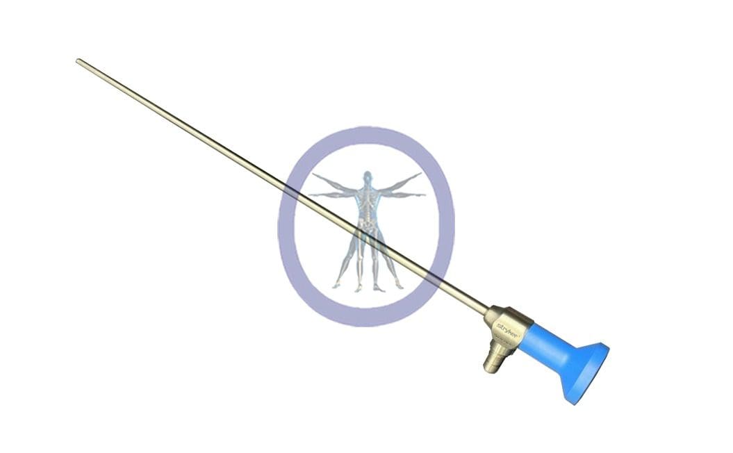 3D rendering of a Stryker-502-205-030 5 mm, 30° Ideal Eyes Autoclavable Bariatric Laparoscope (45 cm) with a long needle, featuring a mosquito icon inside a prohibition sign on the laparoscope body.