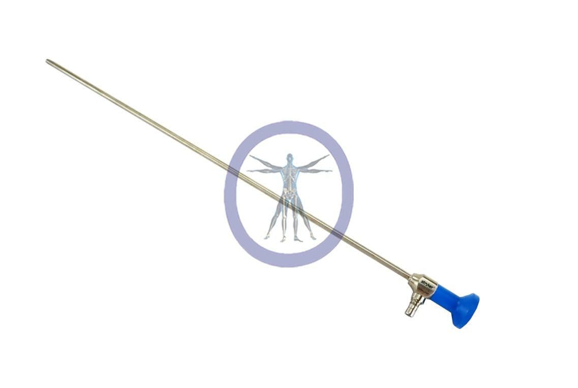 Fencing Stryker-502-205-045 5 mm, 45° Ideal Eyes Autoclavable Bariatric Laparoscope (45 cm) with a blue grip and a circular emblem featuring a fencer in mid-action on the guard.