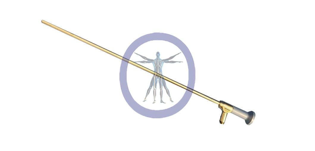A Stryker-502-210-010 10 mm, 0° Ideal Eyes Autoclavable Bariatric Laparoscope (45 cm) with a handle, extended, overlaid on a faded leonardo da vinci vitruvian man symbol.