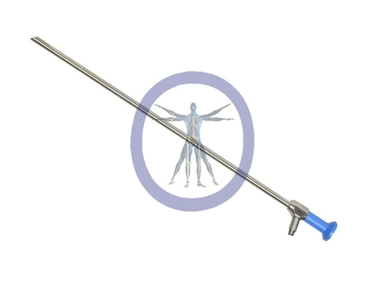 A Stryker-502-210-030 10 mm, 30° Ideal Eyes Autoclavable Bariatric Laparoscope (45 cm) superimposed over a symbol representing a human body, suggesting a focus on human anatomy or medical treatment.