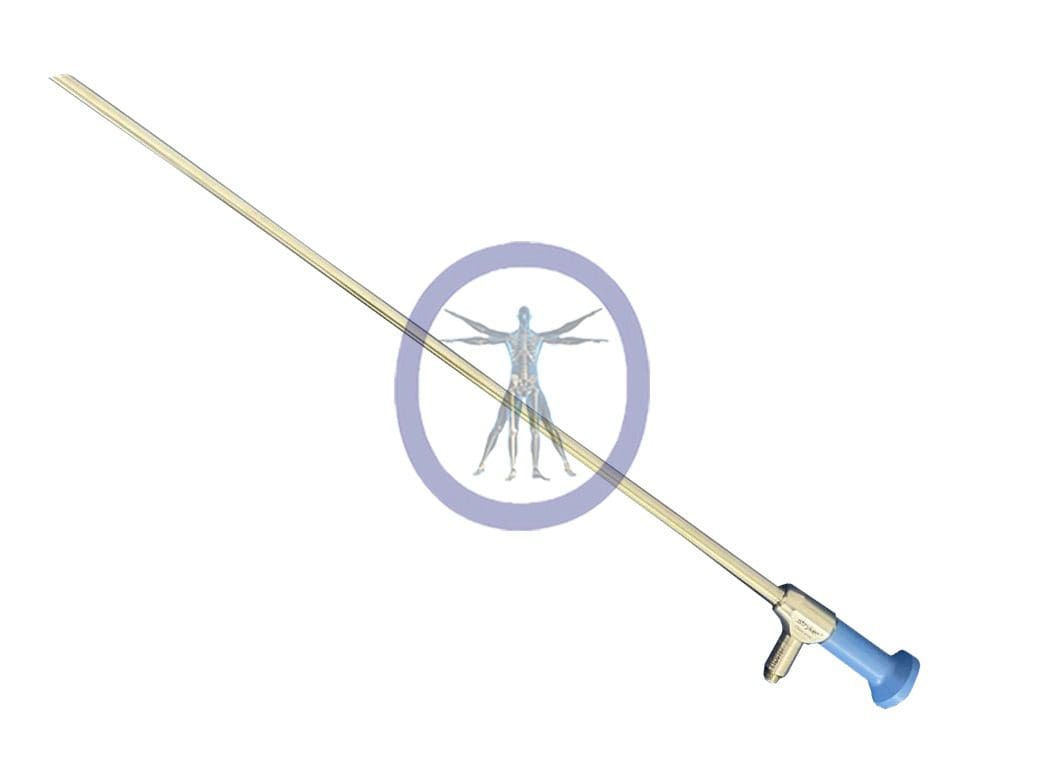 A Stryker-502-210-045 5 10 mm, 45° Ideal Eyes Autoclavable Bariatric Laparoscope (45 cm) with a blue grip and a circular emblem featuring a figure in a lunging pose at the center of the blade.