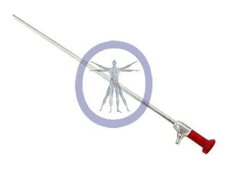 A laparoscopic grasper with a red handle.