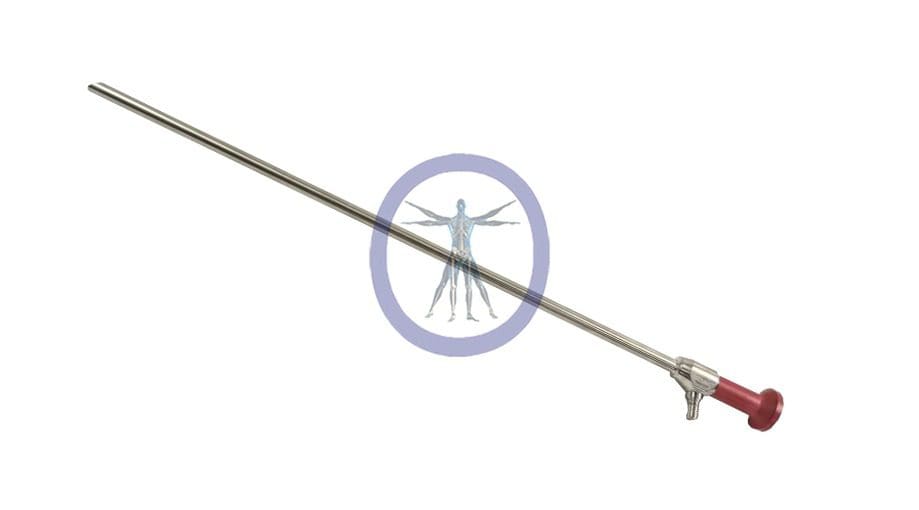 A laparoscopic grasper with a red handle.