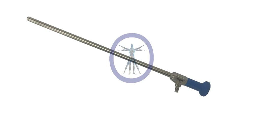 A metal tube with a blue handle.