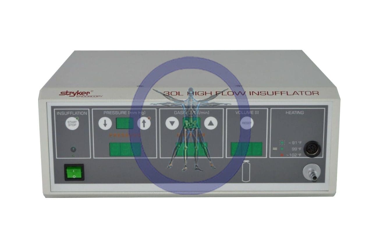 Medical device labeled "Stryker 620-030-500 30 Liter High Flow Insufflator", featuring digital displays and control buttons on the front panel.