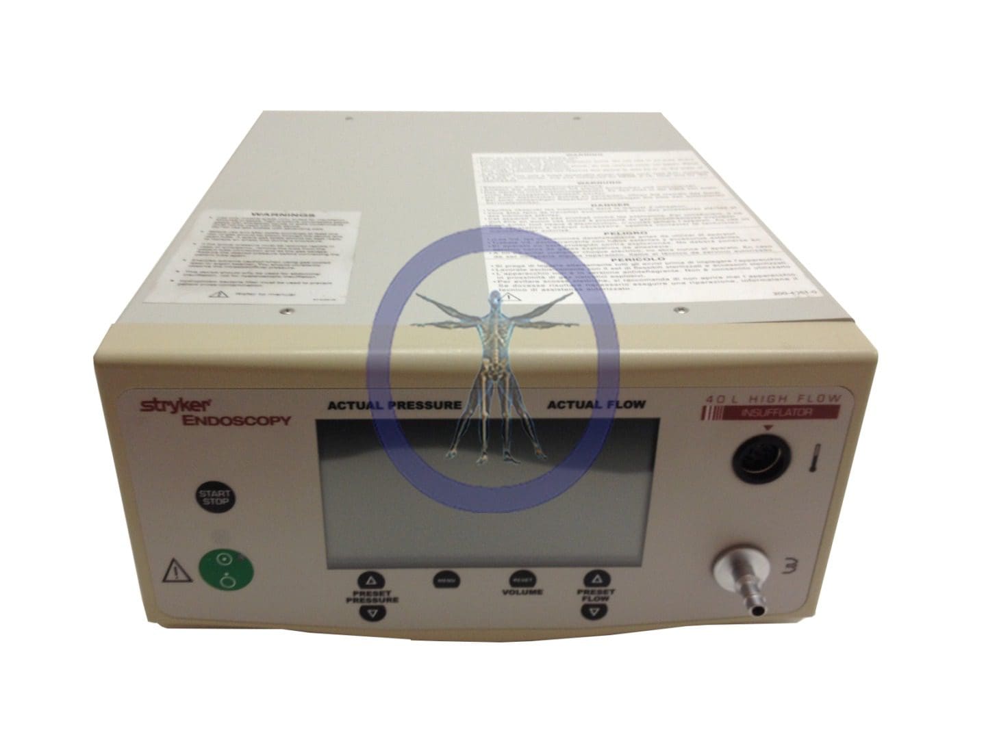 Stryker 620-040-000 40 Liter HERMES™ High Flow Insufflator endoscopy medical device with digital display and control knobs, beige casing, and caution labels.