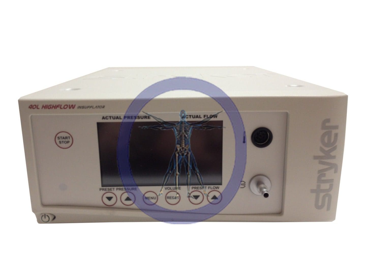 A Stryker 620-040-504 40 Liter CORE SIDNE™ Ready High Flow Insufflator medical device with display and control buttons, featuring an image of human vasculature on its screen.