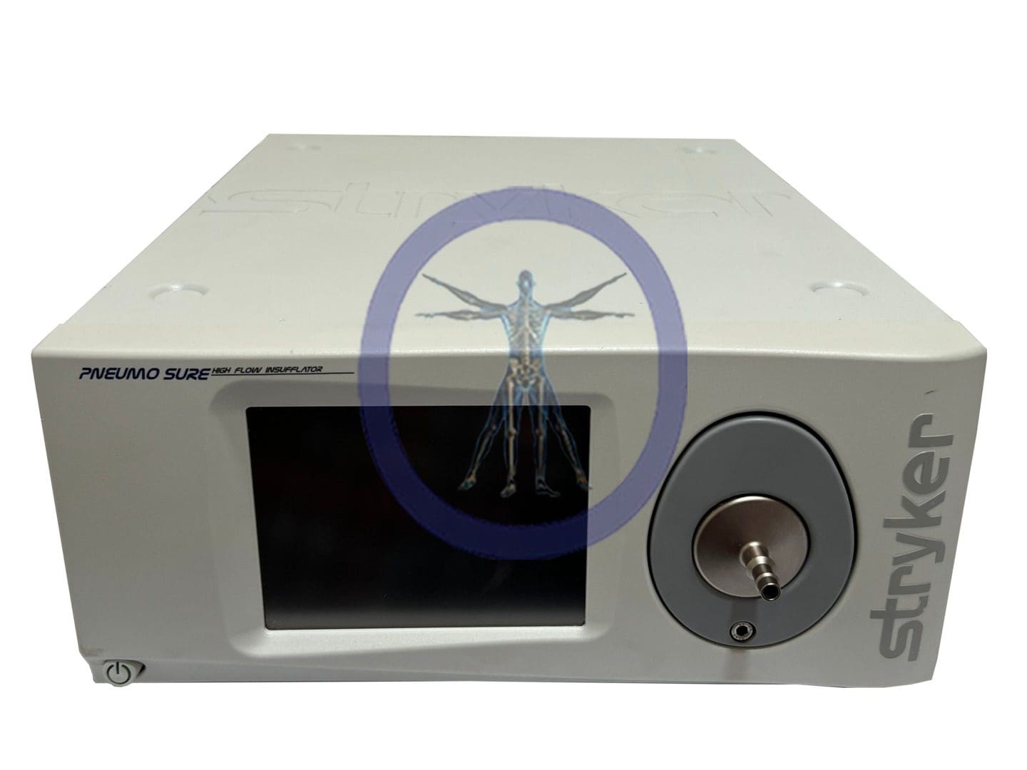 Stryker 620-040-610 45L Pneumosure Insufflator with a screen displaying an x-ray-style human body image, encircled by a blue circle.