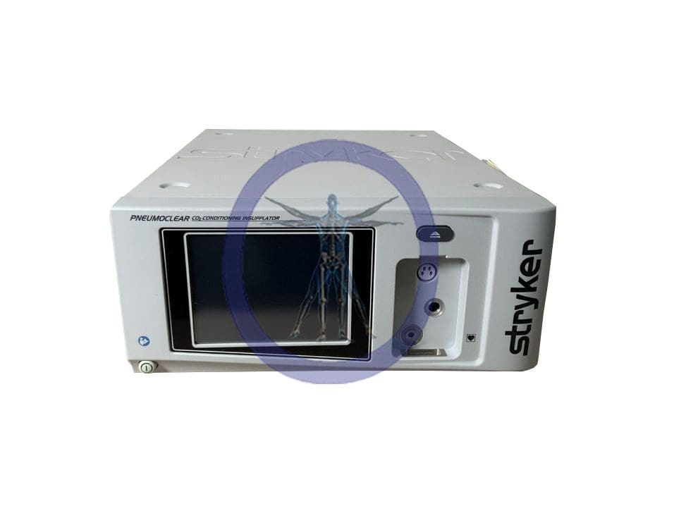 A Stryker 620-050-000 50 Liter PneumoClear Insufflator medical device with a display screen showing a digital image of bones, encircled by a blue and purple watermark.