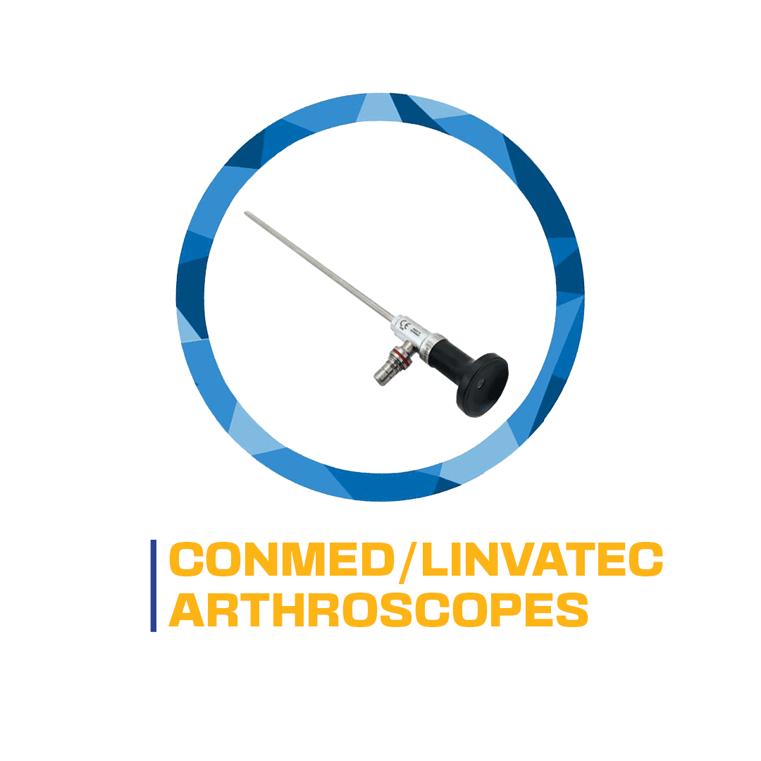 Logo with a blue striped circle featuring a conmed/linvatec arthroscope, accompanied by the text "conmed/linvatec arthroscopes".