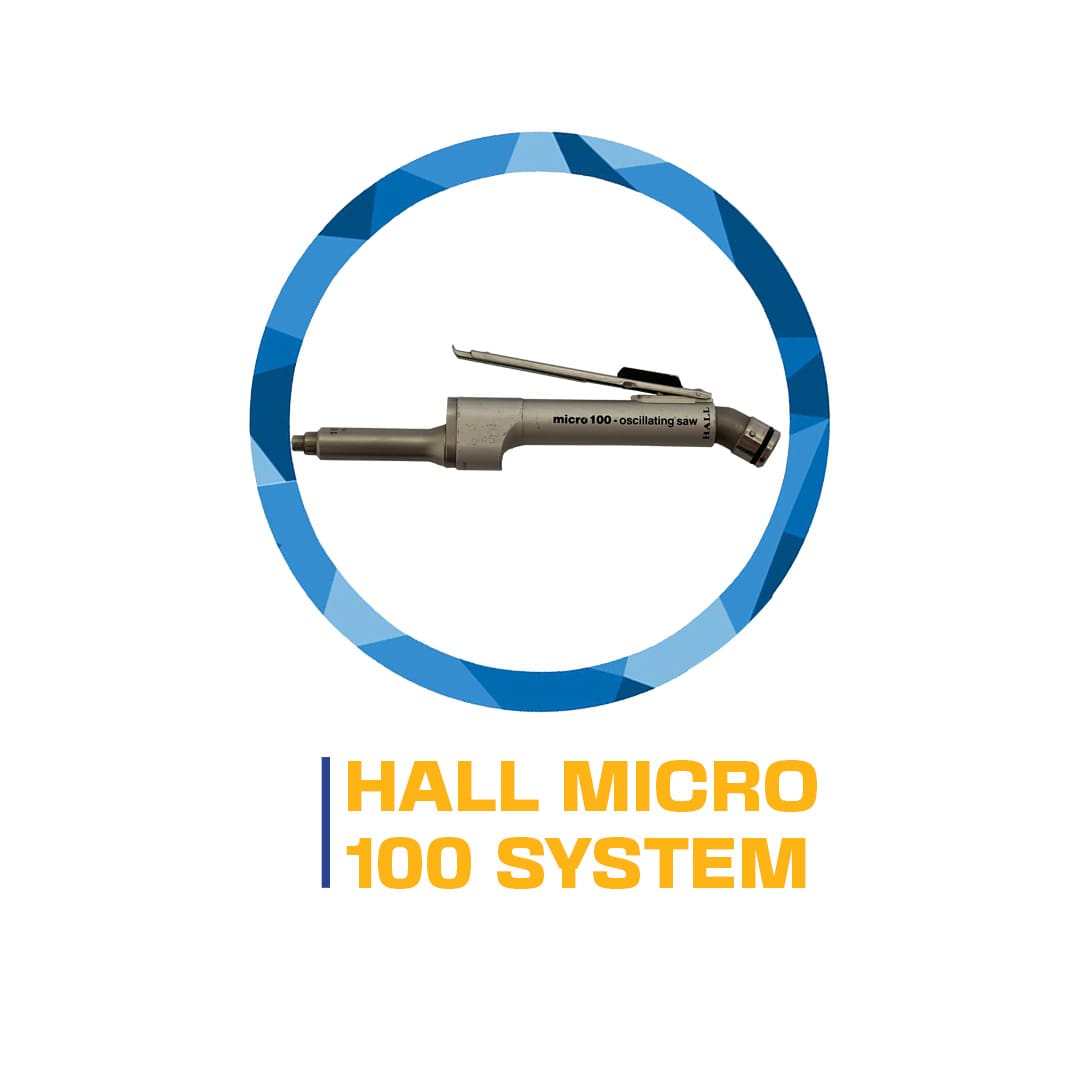Logo featuring a hall micro 100 system surgical device, enclosed within a blue and gray circular design, on a white background.