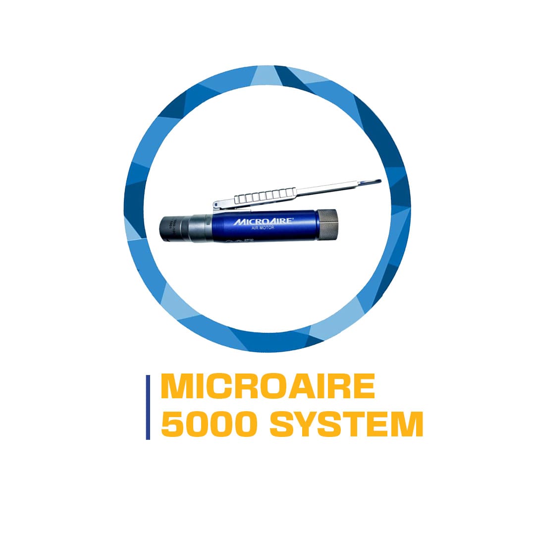 Logo featuring the microaire 5000 system, which includes a stylized blue and white circle with an image of a medical device in the center, accompanied by the system's name in bold blue text.