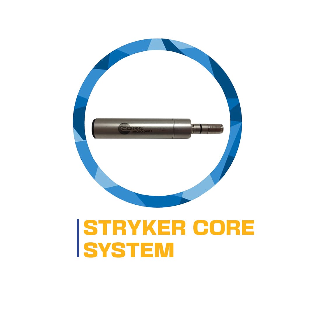 Logo featuring the "stryker core system" with a medical device, possibly a surgical tool, centered inside a blue striped circle.