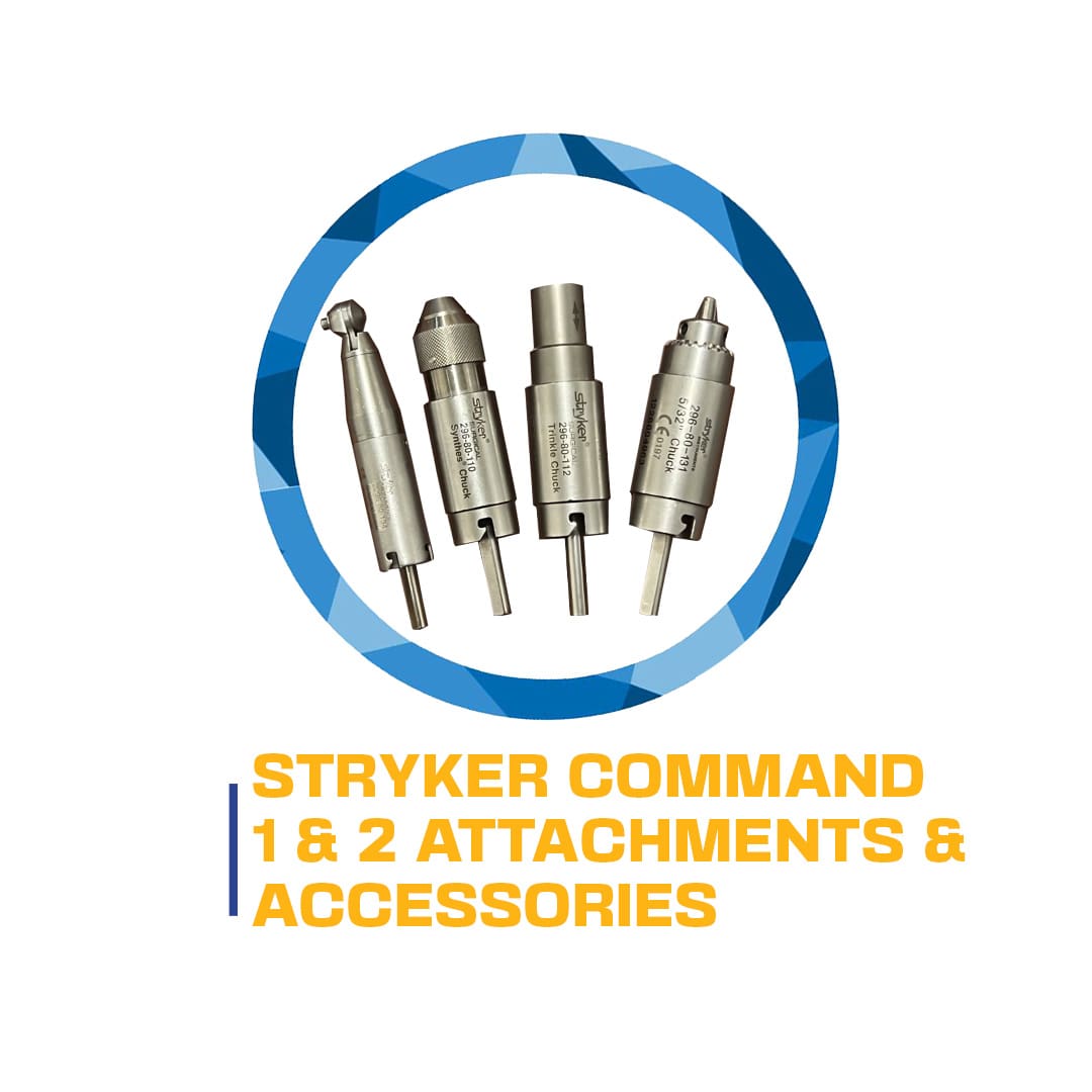 Four stryker command 1 & 2 surgical attachments displayed against a blue and white circular background.